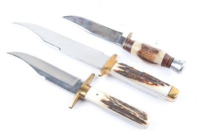 Lot 96 - Three Sheffield knives with antler grips:...