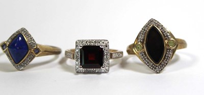 Lot 740 - Three 9ct yellow gold dress cluster rings set...