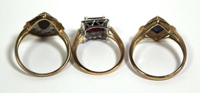 Lot 740 - Three 9ct yellow gold dress cluster rings set...