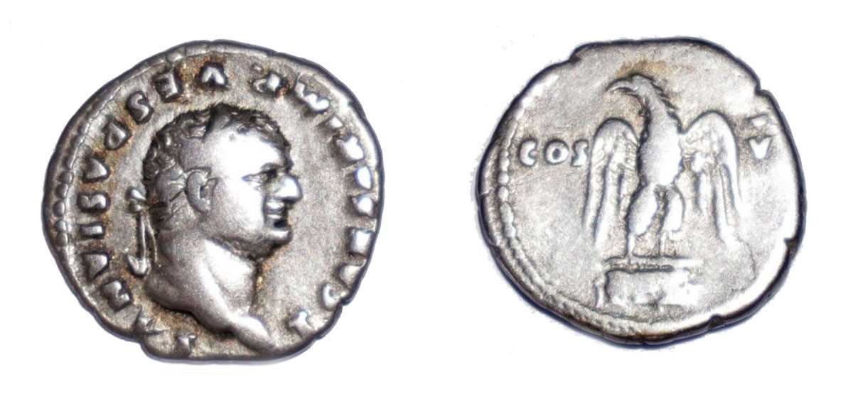 Lot Titus denarius, circa 76 AD, obverse: T CAESAR...