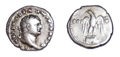 Lot Titus denarius, circa 76 AD, obverse: T CAESAR...