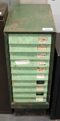 Lot 1409 - A metal 10-drawer cabinet, 16¾x11x30 ins