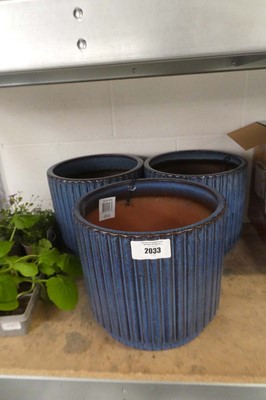 Lot 2033 - 3 large blue glazed ceramic plant pots