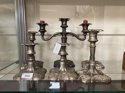 Lot 366 - A plated three branch candelabra along with...