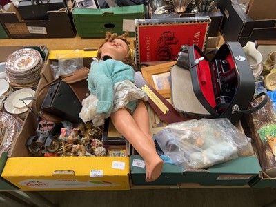 Lot 403 - Two trays of mixed goods to include dolls,...