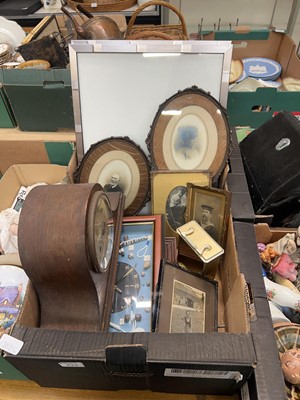 Lot 433 - A tray containing mantel clock, photographic...