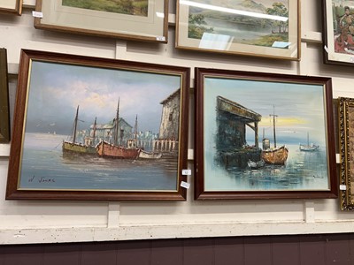 Lot 52 - Two framed oil on canvas artworks of harbour...