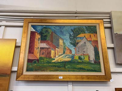 Lot 67 - A gilt framed oil on canvas depicting abstract...