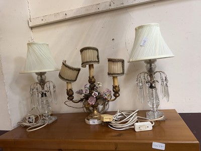 Lot 76 - A pair of glass lustre table lamps along with...
