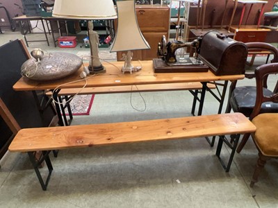 Lot 81 - A waxed pine picnic table with two matching...