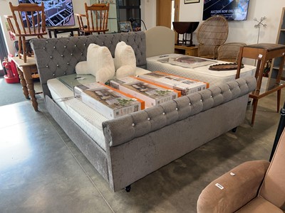 Lot 1030 - Grey fabric upholstered and diamante studded...