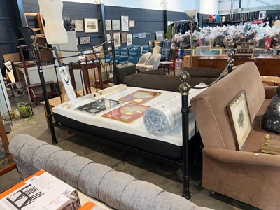 Lot 1041 - Black and gold finish metal bedstead with...