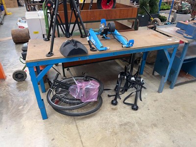 Lot 2715 - Large metal frame wooden top heavy duty work...