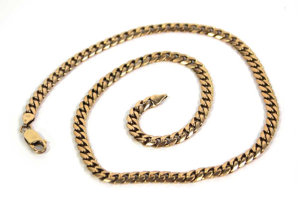 Lot 758 - A 9ct yellow gold flat curblink necklace with...