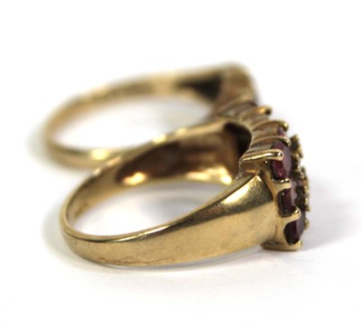Lot 780 - Two 9ct yellow gold rings set pink and red...