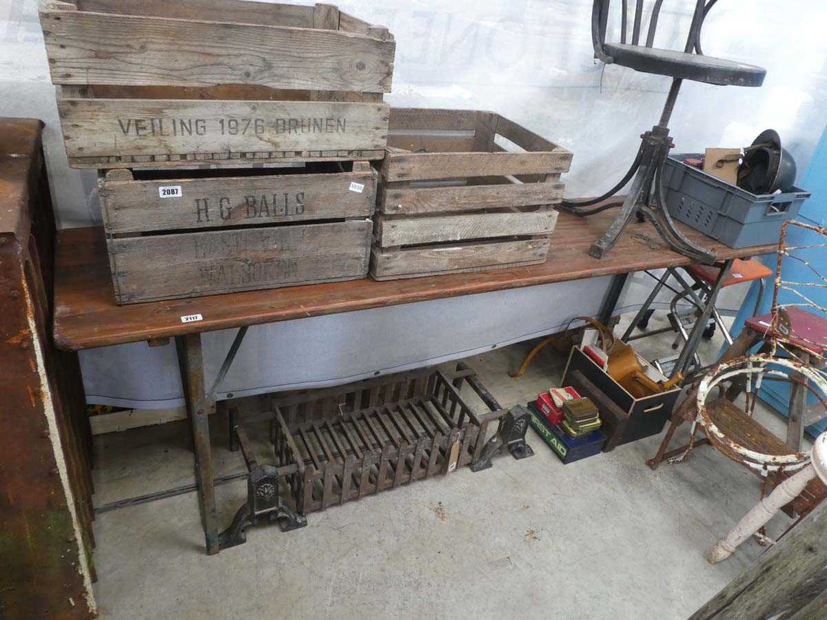 Lot Stained pine top trestle table