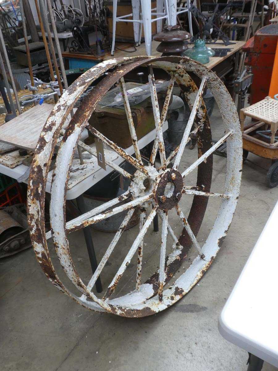 Lot Large pair of heavy cast iron cart wheels