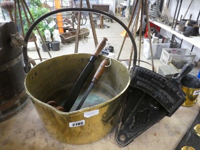 Lot Large brass single handled jam pam with...