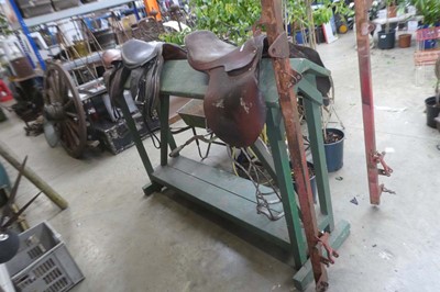 Lot 2249 - Green wooden saddle saddle stand with metal...