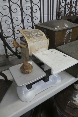 Lot 2264 - Enamelled weighing scales with weights plus...