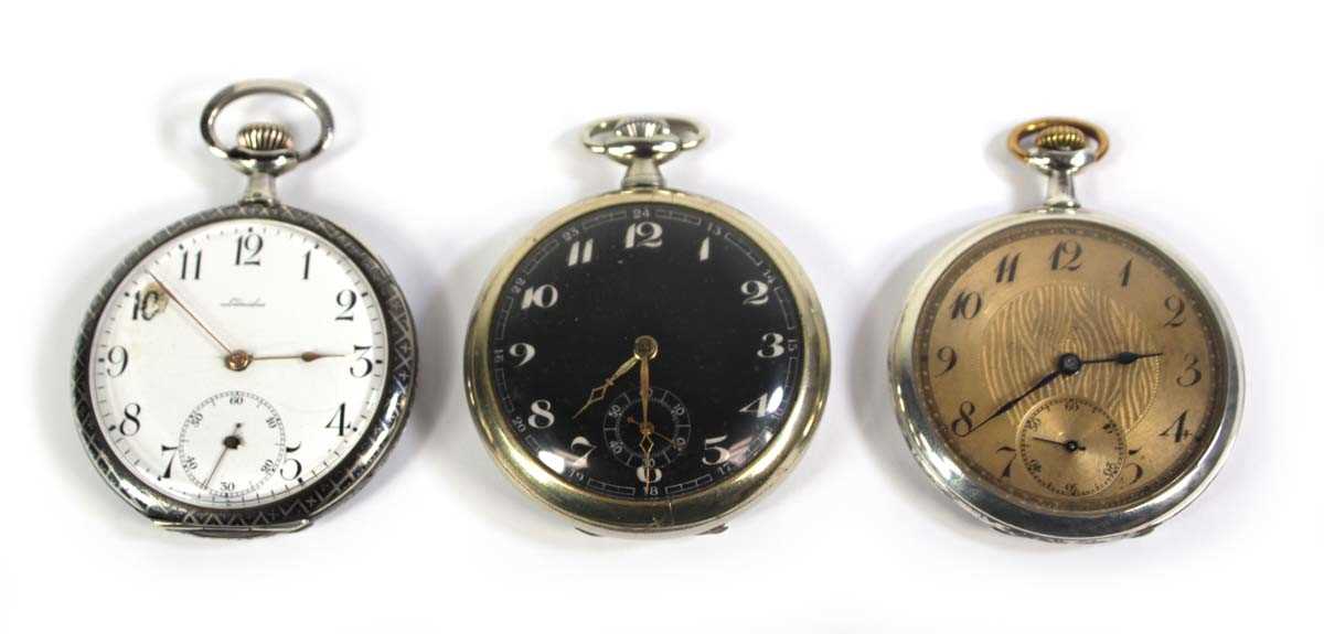 Lot 467 - A metalware open face pocket watch by Leonidas,...