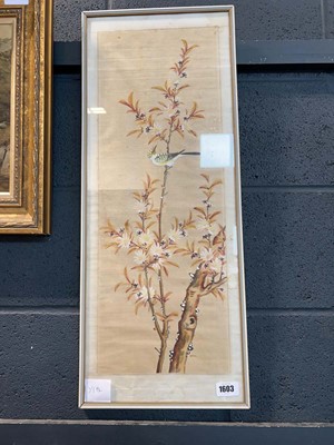 Lot 1603 - Gilt framed painting on fabric of cuckoo on...