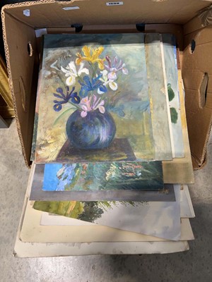 Lot 1608 - Box of unframed paintings and other prints