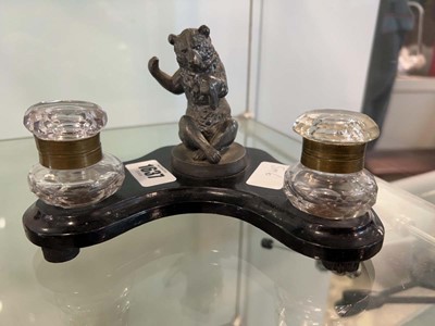 Lot 1637 - Inkwell with pewter bear at centre and 2 glass...