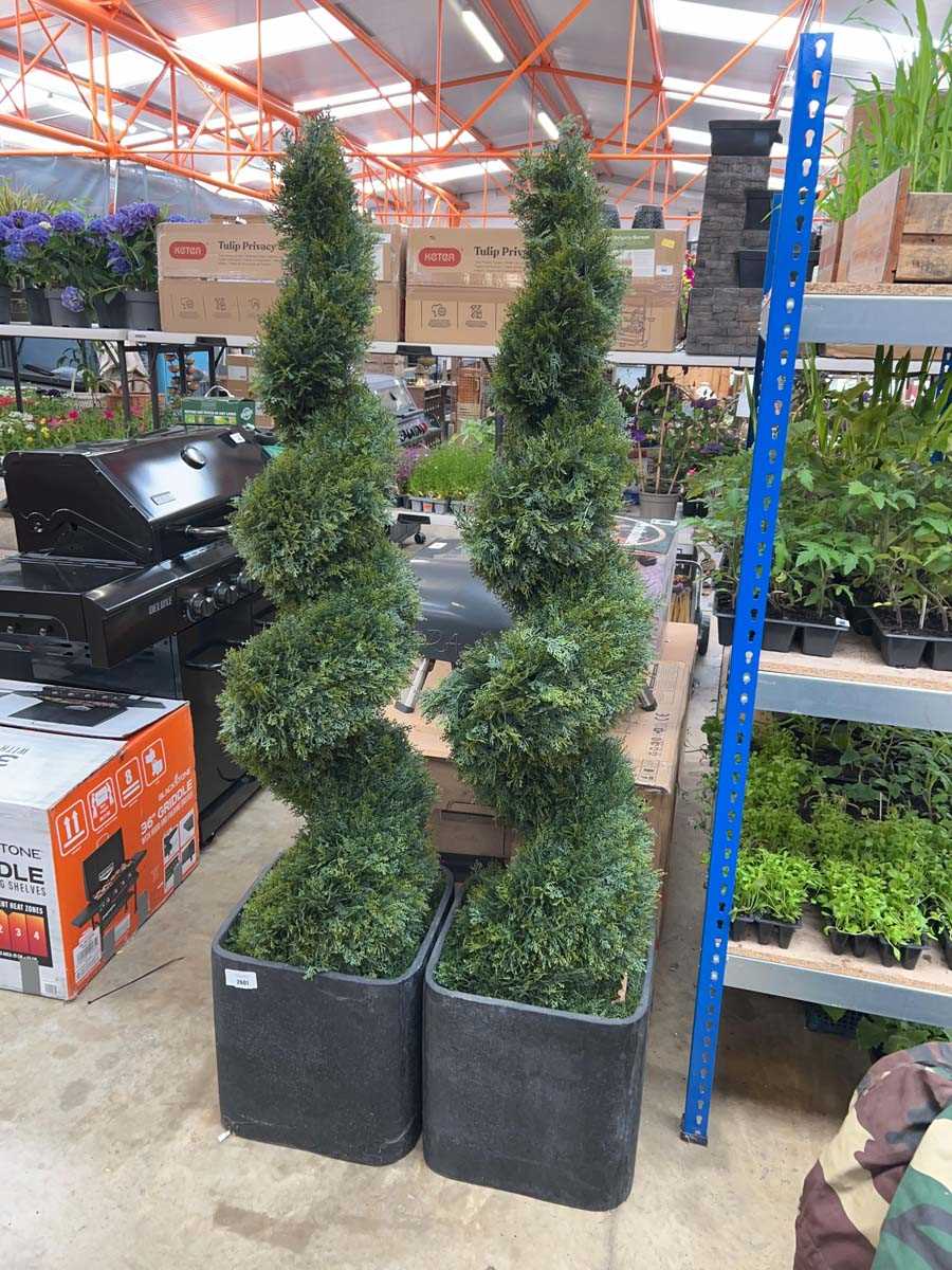 Lot 2601 - Pair of artificial conical shrubs in black...