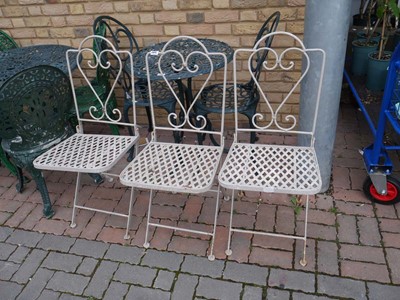 Lot 2642 - 3 wrought iron lattice seated garden armchairs