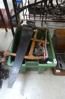 Lot 2310 - Box of vintage tools incl. flat irons, blow...