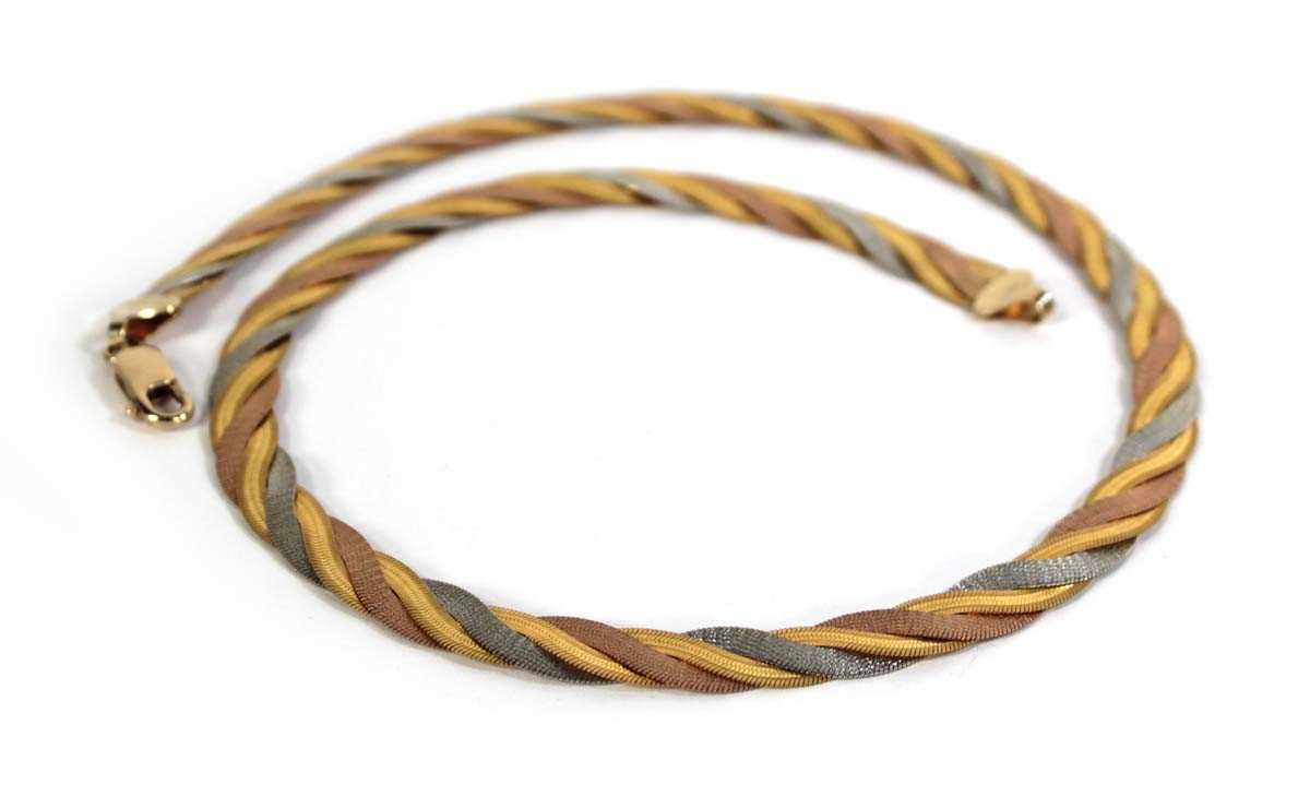 Lot 800 - A 9ct tri-colour flat ropetwist necklace, l....