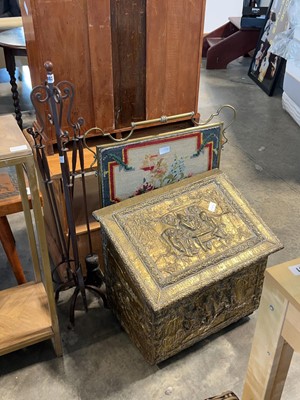 Lot 1163 - Fireplace tools together with a metal and...