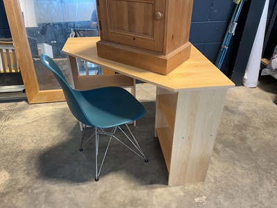 Lot 1199 - Beech effect corner desk with a teal green...