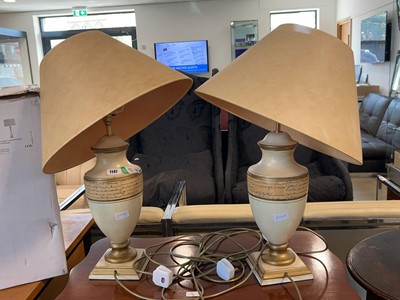 Lot 1147 - 2 urn style table lamps with beige coloured...