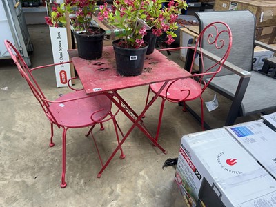 Lot 2065 - Red metal decorative 3 piece garden bistro set