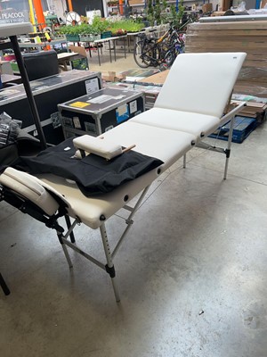 Lot 2474 - White leather collapsible massage bed with cover