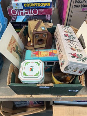 Lot 1328 - Box containing vintage tins, Kodak Brownie...