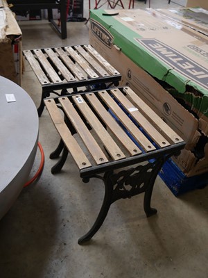 Lot 2078 - Pair of wrought iron and wooden slatted seats...