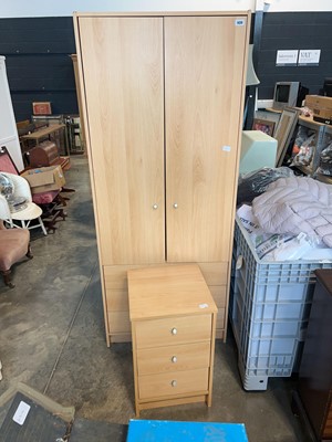Lot 1439 - Modern beech effect wardrobe with 3 lower...